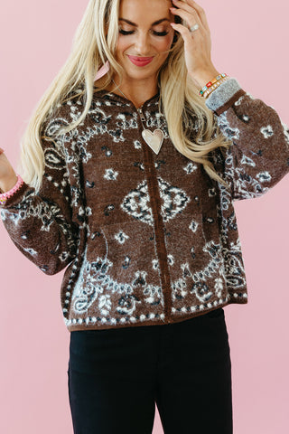 Luxee Bandana Sweater Zip Up Hoodie in Brown
