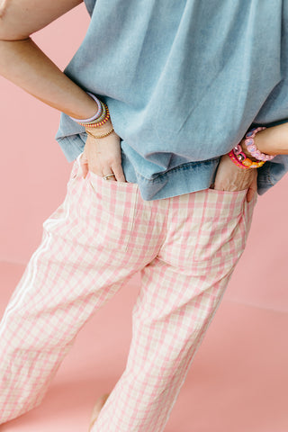 Ginny Plaid Boxer Pants in Pink/Taupe