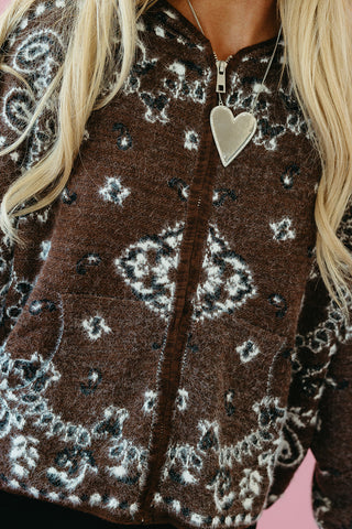 Luxee Bandana Sweater Zip Up Hoodie in Brown