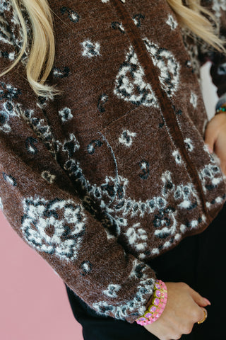 Luxee Bandana Sweater Zip Up Hoodie in Brown
