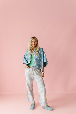 Ginny Plaid Boxer Pants in Blue/Taupe