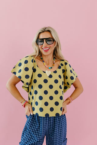 Gina Polka Dot Top in Lime/Navy