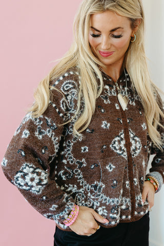 Luxee Bandana Sweater Zip Up Hoodie in Brown