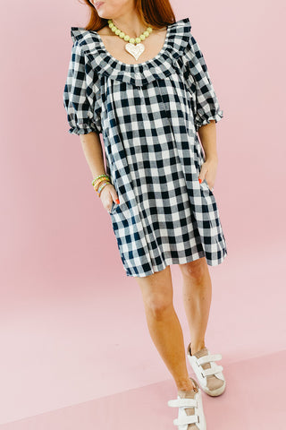 Justina Gingham Mini Dress in Navy