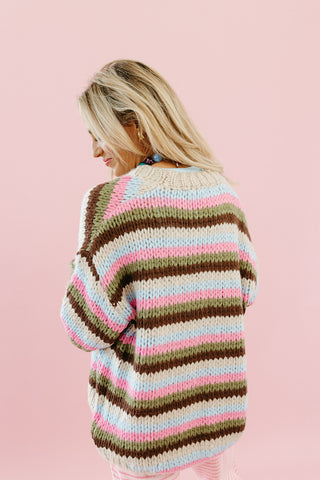 Blake Chunky Cardigan in Stone/Pink