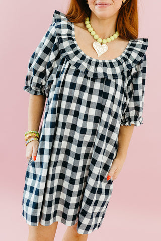Justina Gingham Mini Dress in Navy