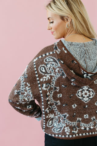 Luxee Bandana Sweater Zip Up Hoodie in Brown