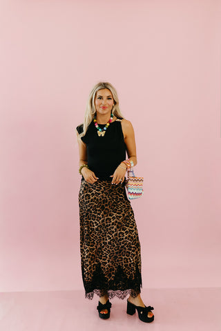 Claire Leopard Lace Trim Midi Skirt