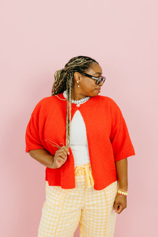 Mary Top Button Short Sleeve Sweater in Poppy