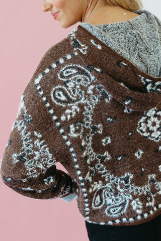 Luxee Bandana Sweater Zip Up Hoodie in Brown