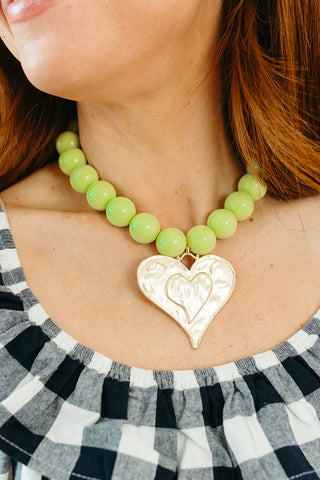 Chunky Chartreuse Beaded Heart Necklace