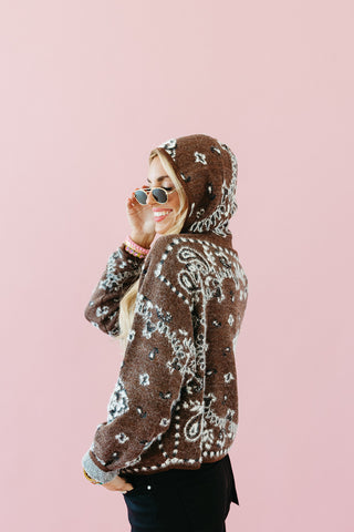Luxee Bandana Sweater Zip Up Hoodie in Brown