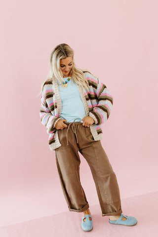 Blake Chunky Cardigan in Stone/Pink