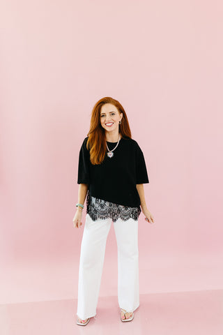 Quinn Asymmetrical Lace Hem Tee in Black