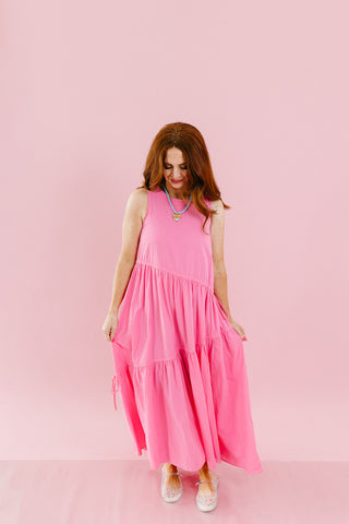 Maggie Asymmetric Hem Midi Dress in Bubblegum