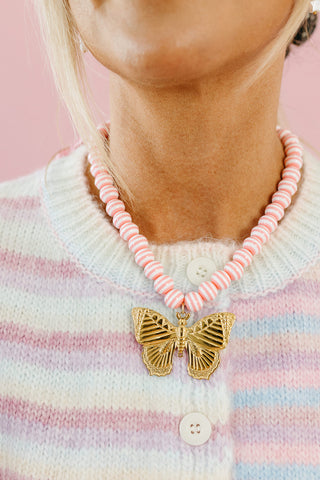 Pink Stripe Beaded Butterfly Necklace