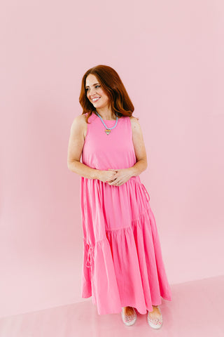 Maggie Asymmetric Hem Midi Dress in Bubblegum