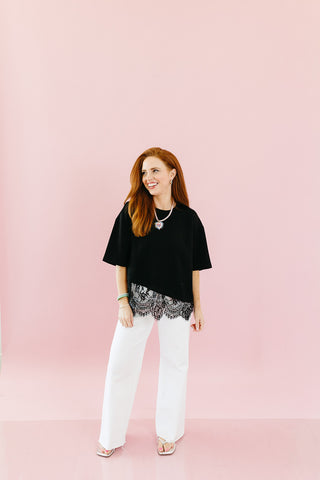 Quinn Asymmetrical Lace Hem Tee in Black