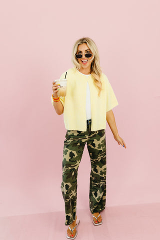Mary Top Button Short Sleeve Sweater in Lemon