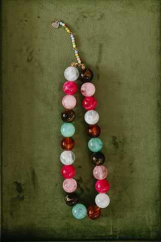 Chunky Beaded Necklace in Turquoise/Pink/Brown