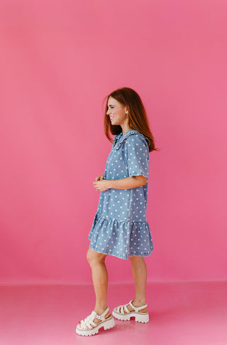Everlynn Polka Dot Denim Ruffle Collar Mini Dress