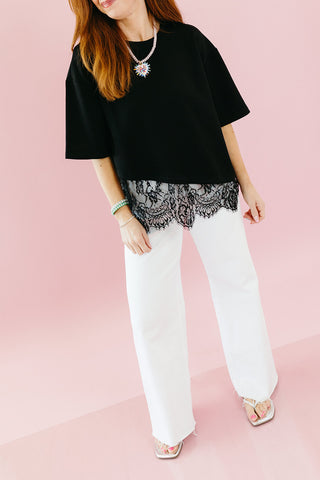 Quinn Asymmetrical Lace Hem Tee in Black