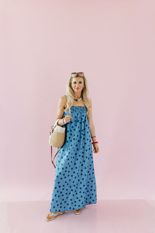 Reese Polka Dot Maxi Dress in Dusty Blue