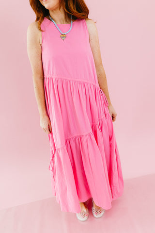 Maggie Asymmetric Hem Midi Dress in Bubblegum