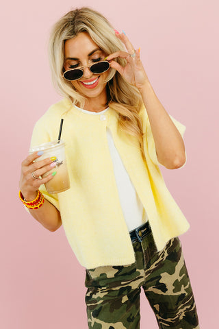 Mary Top Button Short Sleeve Sweater in Lemon