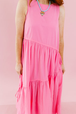 Maggie Asymmetric Hem Midi Dress in Bubblegum