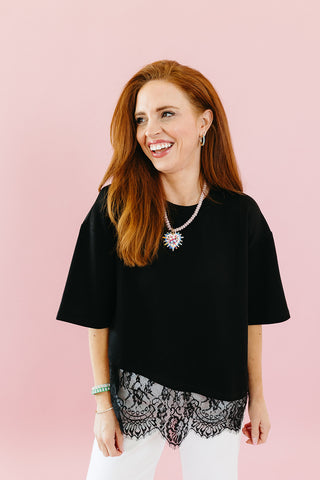 Quinn Asymmetrical Lace Hem Tee in Black