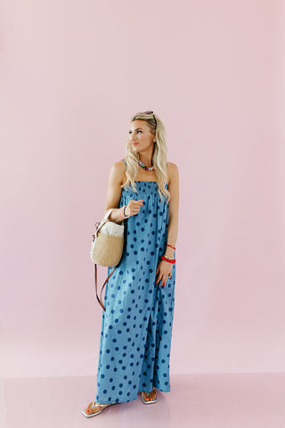 Reese Polka Dot Maxi Dress in Dusty Blue