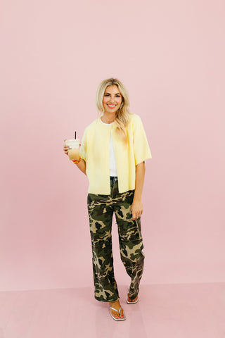Mary Top Button Short Sleeve Sweater in Lemon
