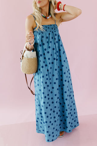 Reese Polka Dot Maxi Dress in Dusty Blue