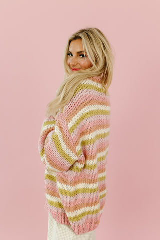 Blake Chunky Cardigan in Matcha/Pink