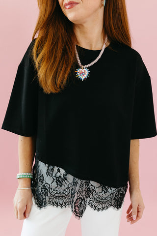 Quinn Asymmetrical Lace Hem Tee in Black