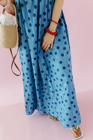 Reese Polka Dot Maxi Dress in Dusty Blue
