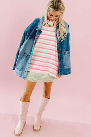 Sandra Stripe Long Sleeve Tee in Pink/Green