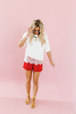Quinn Asymmetrical Lace Hem Tee in Off White
