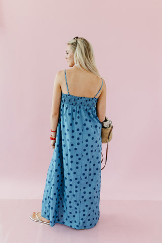 Reese Polka Dot Maxi Dress in Dusty Blue
