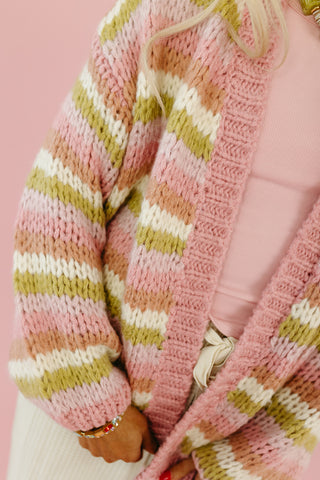 Blake Chunky Cardigan in Matcha/Pink