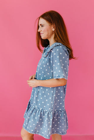 Everlynn Polka Dot Denim Ruffle Collar Mini Dress