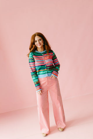 Rowe Stripe Cardigan in Pink/Green