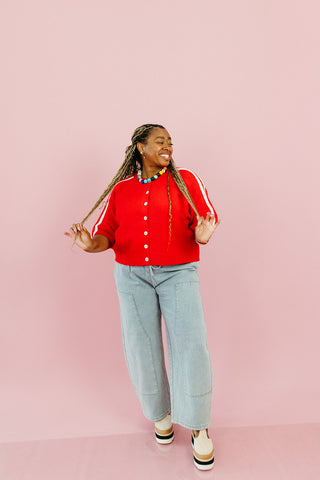 Mandy Varsity Short Sleeve Cardigan in Cherry/White