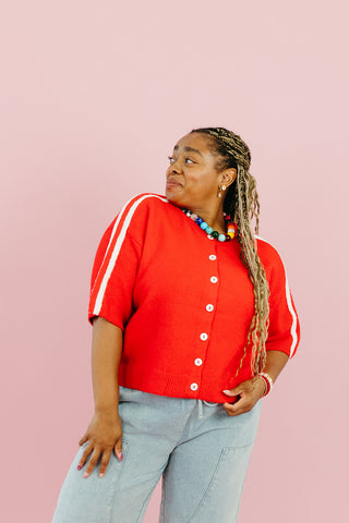 Mandy Varsity Short Sleeve Cardigan in Cherry/White