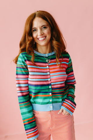 Rowe Stripe Cardigan in Pink/Green