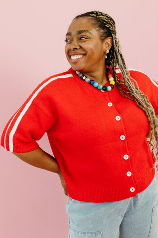 Mandy Varsity Short Sleeve Cardigan in Cherry/White