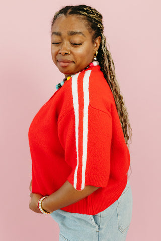 Mandy Varsity Short Sleeve Cardigan in Cherry/White