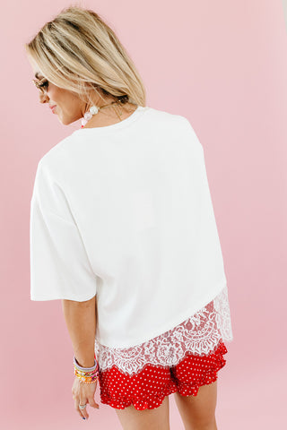 Quinn Asymmetrical Lace Hem Tee in Off White