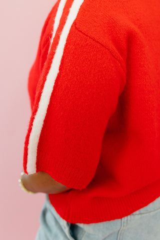 Mandy Varsity Short Sleeve Cardigan in Cherry/White